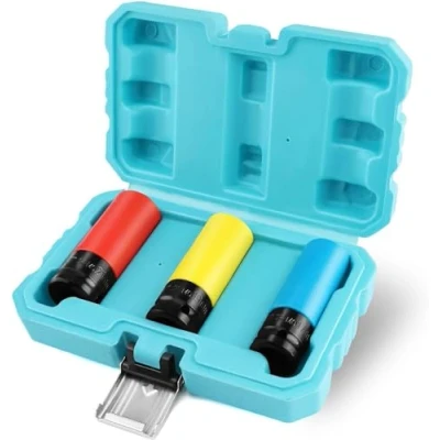 Image of DURATECH 1/2&quot; Drive Wheel Protector Impact Socket Set, 3pcs Thin Wall Deep Set with Plastic Sleeve, 6 Point, Cr Mo, Metric Protective Lug Nut 17mm, 19mm, 21mm Storage Box