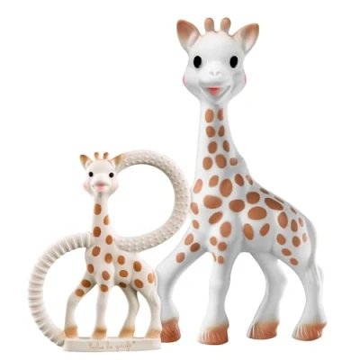 Image of Sophie la girafe Sophiesticated Original Teether and Teething Ring Gift Set, 100% Natural Rubber Baby Toys, Box Set with Bag Card
