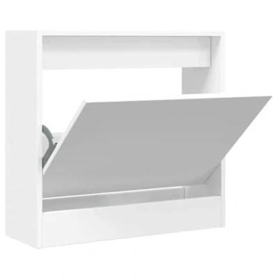 Image of vidaXL Engineered Wood Shoe Cabinet Slim White Rack with 1 Flip Drawer Compact Storage for Hallways, Mudrooms, 60x21x57 cm