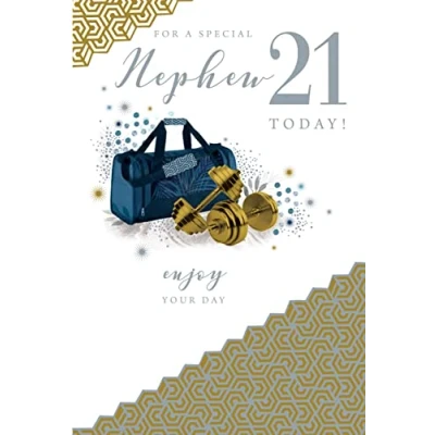 Image of For A Special Nephew 21 21st Today Dumbbell Happy Birthday Card Lovely Verse