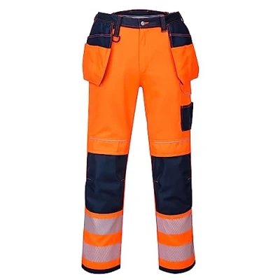 Image of Portwest T501 Mens PW3 Hi Vis Work Trousers Holster Pocket Workwear Safety Construction Orange/Navy, 28