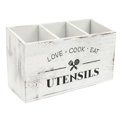Image of NIHUIFDPY Wooden Kitchen Utensil Holder 3 Compartments Caddy Organizer, Rustic Wood Silverware Holder, Farmhouse for Countertop(white)