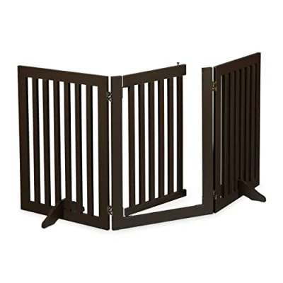 Image of Relaxdays Large Safety Gate with Door, Pets and Children, Retractable, Feet, Free Standing Barrier, 70x154cm, Brown, 100% fibreboard