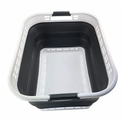 Image of SAMMART 42L Collapsible Plastic Laundry Basket Foldable Pop Up Storage Container/Organizer Portable Washing Tub Space Saving Hamper/Basket (White/Asphalt)