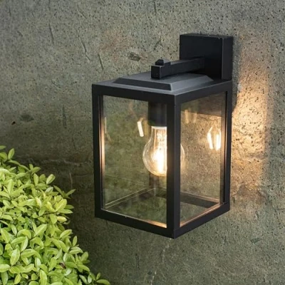Image of Elipta Patilo Square Outdoor Wall Light with Clear Glass Diffuser IP44 E27 Aluminium Black