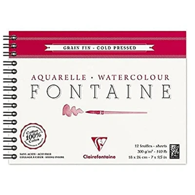 Image of Clairefontaine Ref 96313C Fontaine Cold Pressed Watercolour Wirebound Pad (12 Sheets) 18 x 24cm Size, 300gsm Paper Suitable for Artwork