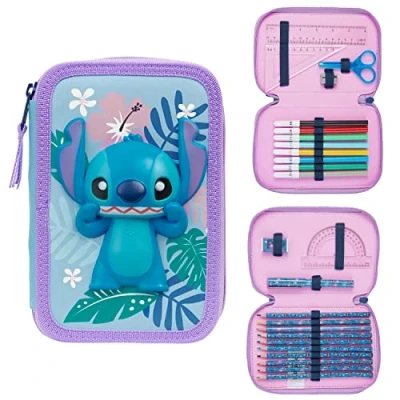 Image of Disney Filled Pencil Case with Stationery for Kids, School Supplies Colouring Pencils, Markers Gifts Girls (Blue Stitch Double Zip)