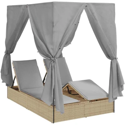 Image of vidaXL Double Sun Lounger Set of 2 Beige and light grey Poly Rattan
