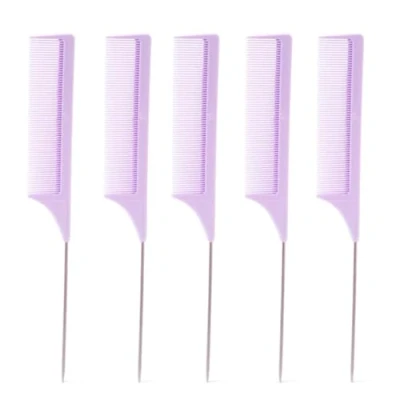 Image of Simply Hair 5 Pc Tail Comb.Extra Long Hairdressing Comb Fine Tooth Metal End Rat Comb. Parting For Use As Styling Highlighting Pin Tail. Per Set. (Purple)