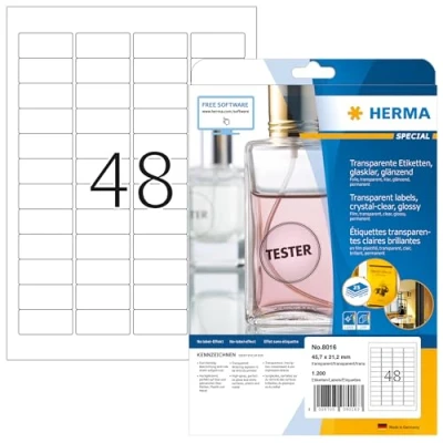 Image of HERMA Self Adhesive Clear Film Labels, 48 Labels per A4 Sheet, 25 Sheets, 45.7 x 21.2 mm, 1200 Blank Weatherproof Stickers, Sticky for Laser &amp; Inkjet Printer, Transparent