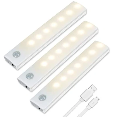 Image of Vicloon Motion Sensor Cabinet Lights, 3 Pack LED Cupboard Auto On/Off Closet Light, Wireless USB Rechargeable Night Light with Magnetic Strip for Wardrobe, Cabinet, Stairs