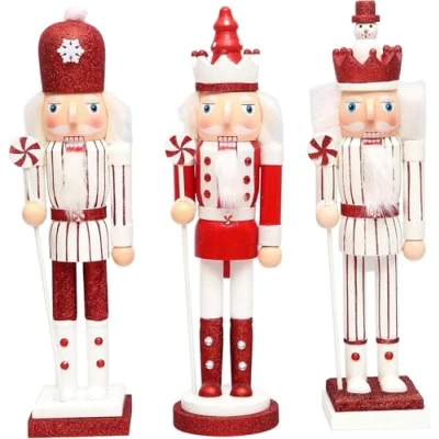 Image of SHATCHI 38cm Red/White Candy Cane Wooden Christmas Nutcrackers 3pcs Set Soldiers King Puppet Figurines Home Decoration Ornament