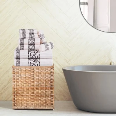 Image of Superior 8 Piece Cotton Towels, Highly Absorbent Plush Decorative Bohemian, Greek Key Trim Jacquard Dobby Border, Face Towels 13 x 13, Hand 16 30, Bath 30 52, Ivory Chocolate
