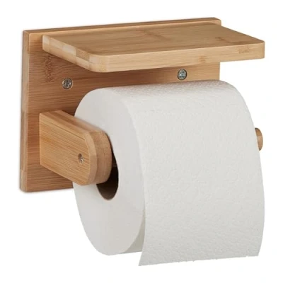 Image of Relaxdays Toilet Paper Holder with Tray, for Mobile Phone &amp; Wet Wipes, Bamboo, WC Small Shelf, HWD: 12x16x10 cm, Natural, 100%
