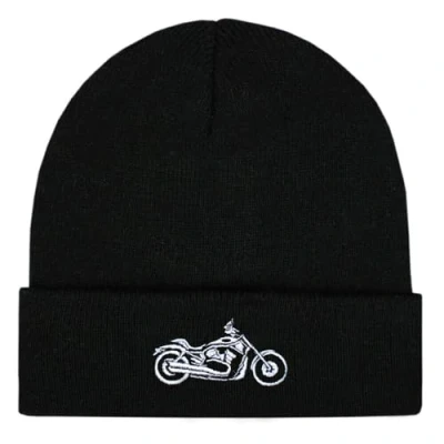 Image of TeddyT&#039;s Motorbike Embroidered Thermal Knit Rib Beanie Hat Black
