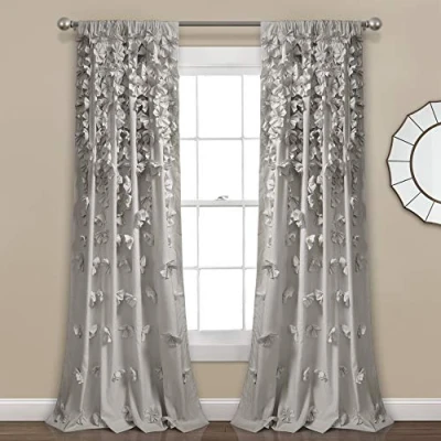 Image of Lush Decor Riley Window Curtain Sheer Ruffled Textured Bow Panel for Living, Dining Room, Bedroom (Single), 54&quot; W x 84&quot; L, Light Gray