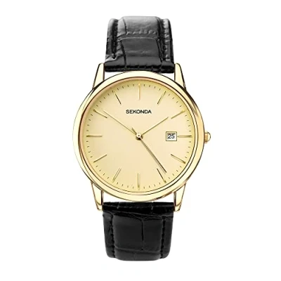 Image of Sekonda Men&#039;s Quartz Watch with Beige Dial Analogue Display and Black Leather Strap 3697.27