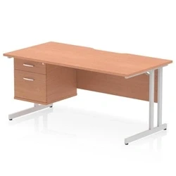 Image of Impulse 1600 x 800mm Scalloped Edge Straight Office Desk Beech Top Silver Cantilever Leg Workstation 1 2 Drawer Fixed Pedestal