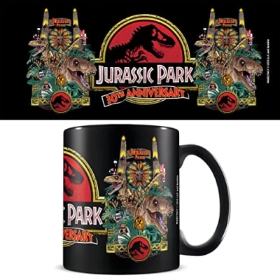 Image of Jurassic Park Mug in Presentation Gift Box (30th Anniversary Logo Design) 11oz Black Set. Ceramic Coffee Official Merchandise