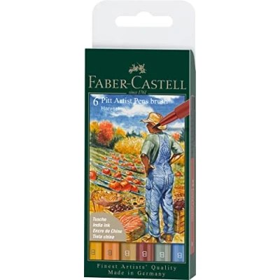 Image of Faber Castell Art &amp; Graphic Pitt Artist Pen Brush India Ink Pen, Harvest, Wallet Of 6, For Art, Craft, Drawing, Sketching, Home, School, University, Colouring