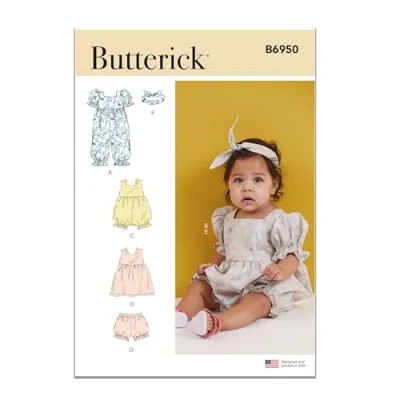 Image of BUTTERICK B6950A Babies&#039; Rompers, Dress, Bloomers and Headband A (XS S M L)