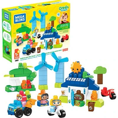 Image of MEGA BLOKS Fisher Price Toddler Building Blocks, Green Town Build &amp; Learn Eco House with 88 Pieces, 4 Figures, Kids Age 1+ Years, HCG36