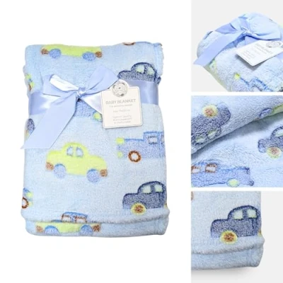 Image of Snuggle Baby Pram Blanket Girls/Baby Boys New Born Fleece Wrap Crib Mosses Basket (Blue Cars)