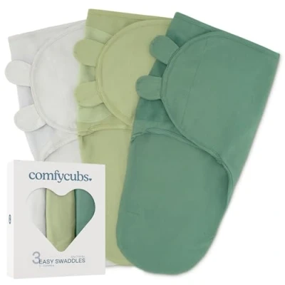 Image of Comfy Cubs Baby Blanket, Swaddle Blanket 0 3 months, Newborn Essentials, Infant Sleep Sack Wrap, 100% Breathable Cotton, Boy Girl, Adjustable Pack (Stone, Sage, Azul, Small Medium)