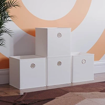Image of Vida Designs Durham Foldable Storage Cube Baskets Fabric Box With Metal Easy Access Handle Home Organiser (4 Pack, White)