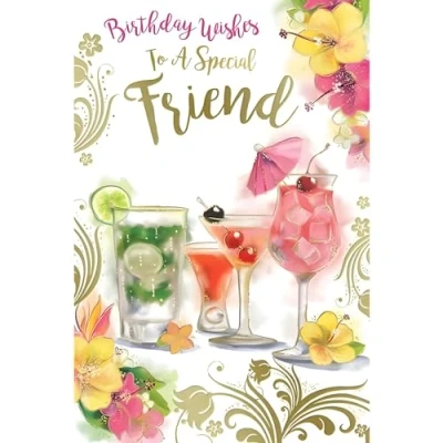 Image of Friend Birthday Card Female/For Her Special Cocktails and Flowers Artistic Design Finishes Illustrated Insert Leaf Made in the UK