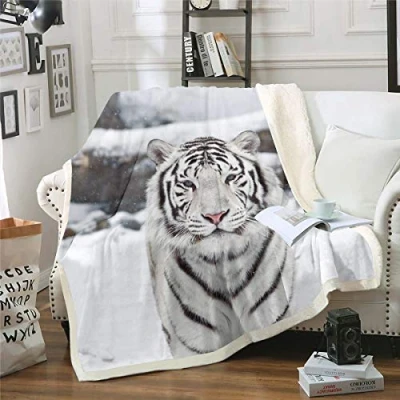 Image of Tiger Sherpa Blanket Wild Animal Pattern Fleece Throw for Sofa Bed Couch 3D Wildlife Style Fuzzy White Safari Cat Print Plush Room Decor Flannel Double 60x79 Inch