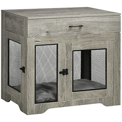Image of PawHut Indoor Dog Crate Furniture with Cushion, Double Doors, Pet Kennel End Table Drawer, for Medium Dogs Grey