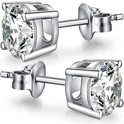 Image of Sterling Silver Diamond Earrings Men Women Stud Cubic Zirconia White Gold Tiny 6mm