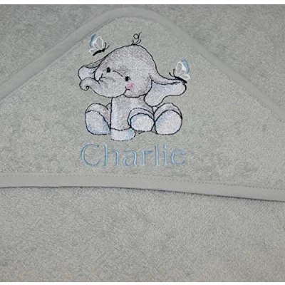 Image of Boys Personalised Elephant Hooded Bath Towel. (Grey)