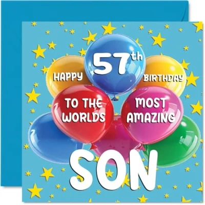Image of 57th Son Birthday Card World&#039;s Most Amazing Happy for from Mum Dad, 145mm x Age 57 Fifty Seven Greeting Cards