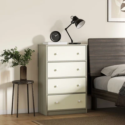 Image of Chest of Drawers, 4 Drawer Dresser for Bedroom, White and Grey Homcom