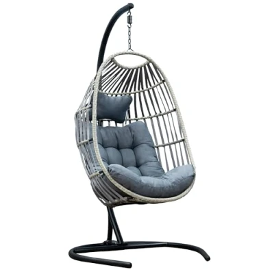 Image of SH&amp;G Folding Rattan Hanging Egg Chair Steel Swing Cushioned Wicker Basket Seat and Stand