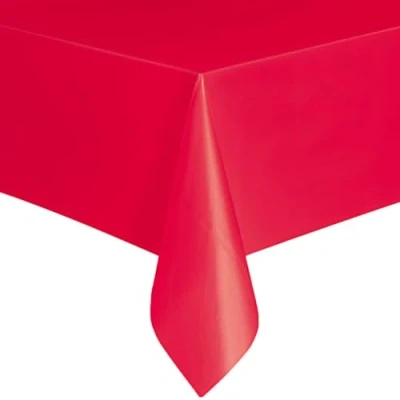 Image of Solid Ruby Red Rectangular Plastic Table Cover (137cm x 274cm) 1 Count Elegant &amp; Durable Tablecloth for Parties, Events, and Home Use