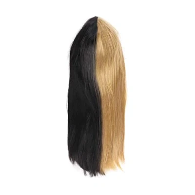 Image of Half Balck Blonde Wig Two Tone Cosplay Hair Wig, Women Black Flaxen Fashionable Natural Look Long Straight Synthetic for Christmas Parties