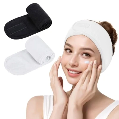 Image of Spa Headband 2 Pieces Facial Women Makeup Hairband Towel Cloth With Adjustable Magic Sticker For Washing Face