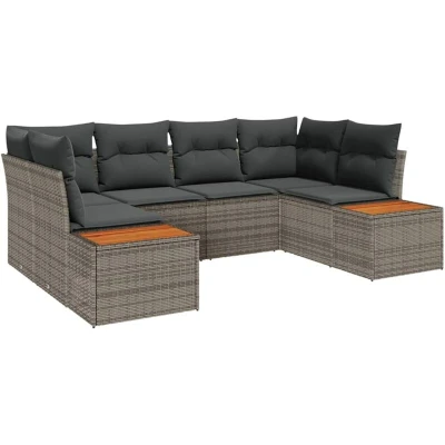 Image of vidaXL 6 Piece Garden Sofa Set with Cushions Grey Poly Rattan Acacia