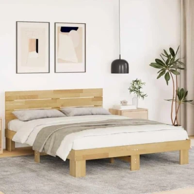 Image of vidaXL Solid Oak Wood Bed Frame 140x200 cm Double with Headboard for Bedroom