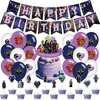 Image of XIAOHUANXIONG Descendants Birthday Party Decorations Supply Set for Kids with Happy Banner, Cake Topper, Cupcake Toppers, Balloons