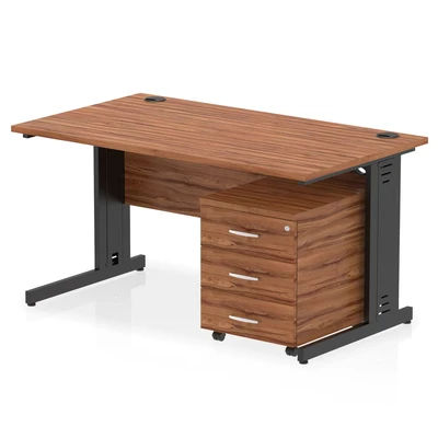 Image of Impulse 1400x800 Desk Walnut/Black Cable Managed 3 Drawer Mobile Ped