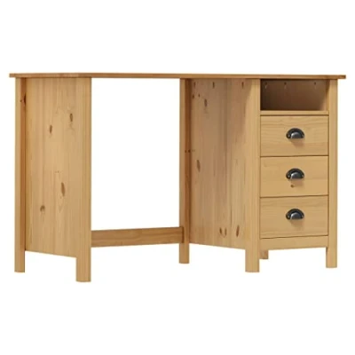 Image of vidaXL Honey Brown Desk Hill Solid Pine Wood Office with 3 Drawers and Built in Shelf Easy Assembly Writing Rectangular Study for Home