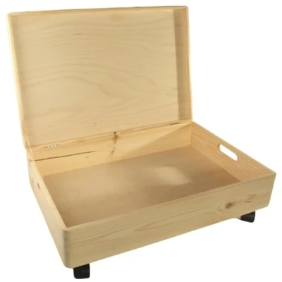 Image of Extra Large Shallow Underbed Wooden Storage Box 60 x 40 19 cm Hinged Lid, Cut out Handles &amp; Wheels Memory Keepsake Chest Unpainted Plain Pine to Decorate Craft