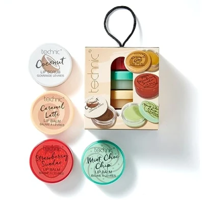 Image of Technic Lip Balm &amp; Scrub 4Pc Gift Set 4 Flavours Nourishing Coconut Sugar Treatment Softening Balms Vegan and Cruelty Free