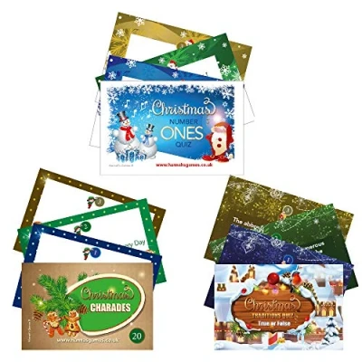 Image of Family Christmas Games **SAVER PACK** Xmas Traditions Card Game Trivia + Charades Music Quiz Credit Sized Pocket Traditional Festive Table Fun for Families Kids