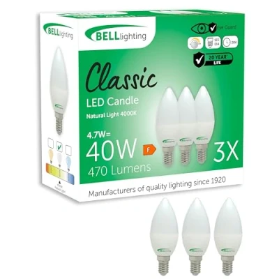 Image of Bell Lighting Small Edison Screw E14 Dimmable Light Bulb LED Candle 3 Pack Cool White 4000K 470 Lumen 4.7W Energy Saving 40W Halogen Lamp Equivalent