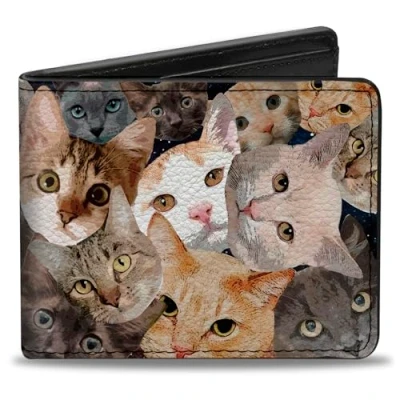 Image of Buckle down Men&#039;s Wallet, Bifold, Cat Faces Stacked, Vegan Leather, 4.0&quot; x 3.5&quot;, Cats, Leather